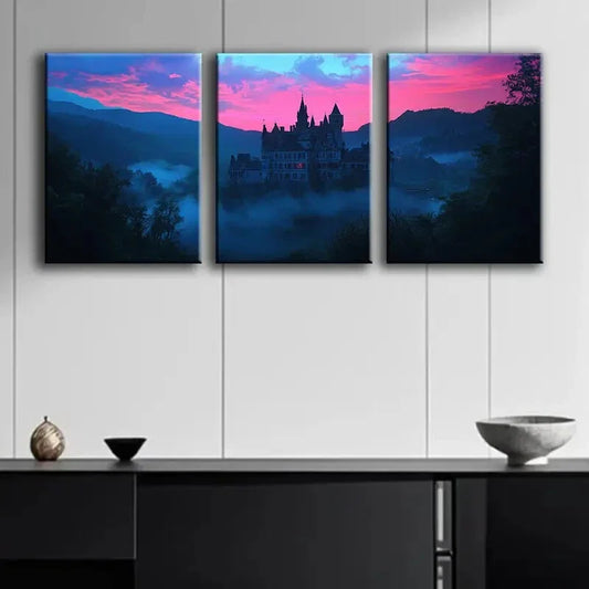 3pcs Castle at Dusk Darkness Night Perfect Wall Art Set Canvas Framed 40x60cm - High Quality Print 100% Australian Made Wall Canvas Ready to Hang