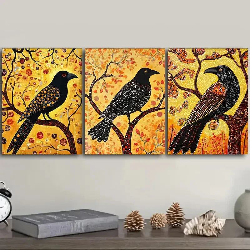 3pcs The psychic crow Animal Wall Art Set Canvas Framed 40x60cm - High Quality Print 100% Australian Made Wall Canvas Ready to Hang