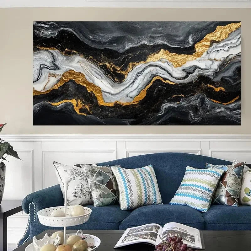 Black and Golden Fluid Marble Wall Art Canvas Office Home Room Framed 120x60cm