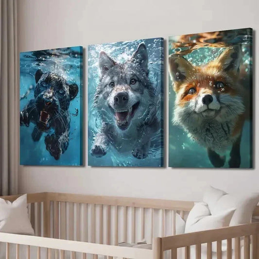 3pcs Swimming Underwater Black Panther Wolf Fox Wall Art Set Canvas Framed 40x60cm - High Quality Print 100% Australian Made Wall Canvas Ready to Hang