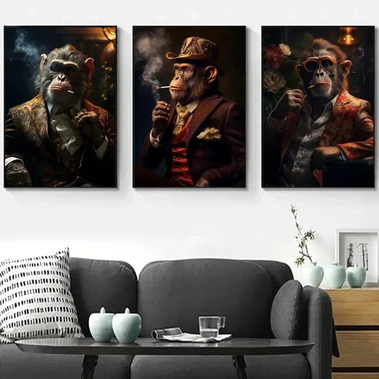 3pcs Stylish Monkeys in Sophisticated Attire Wall Art Set Canvas Framed 40x60cm - High Quality Print 100% Australian Made Wall Canvas Ready to Hang