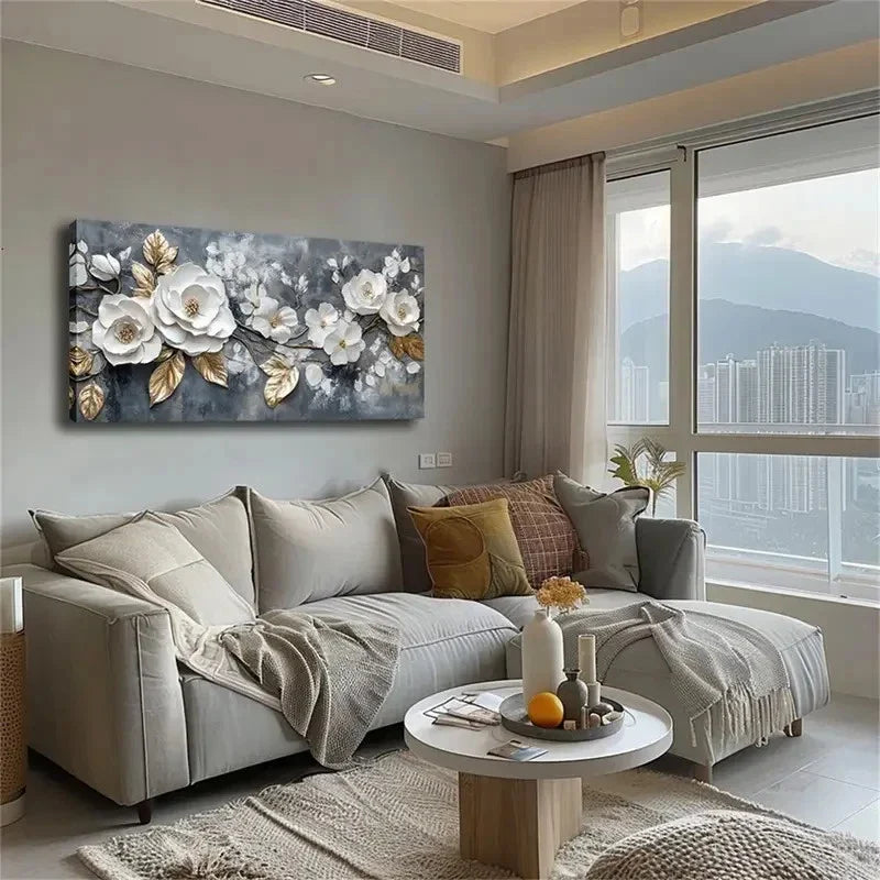 Blooming White Flowers & Gold Wall Art canvas office home room framed 120x60cm