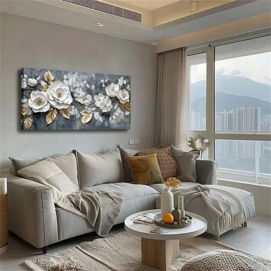 Blooming White Flowers & Gold Wall Art canvas office home room framed 120x60cm