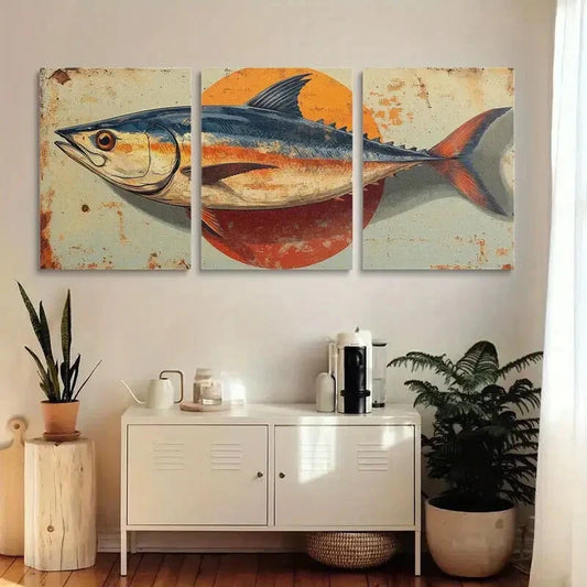 3pcs Retro Tuna Fish Metal Print Ready to Hang Art