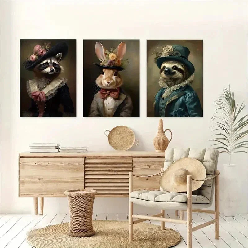3pcs Victorian Animal Portrait Royal Animal Metal Print Ready to Hang Art