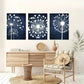 3pcs Blue Abstract Floral Dandelion Metal Print Ready to Hang Art