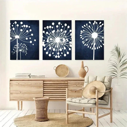 3pcs Blue Abstract Floral Dandelion Metal Print Ready to Hang Art
