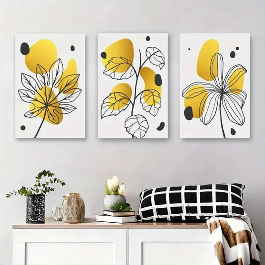 3pcs Minimalist Line Art with Yellow and Black Metal Print Ready to Hang Art