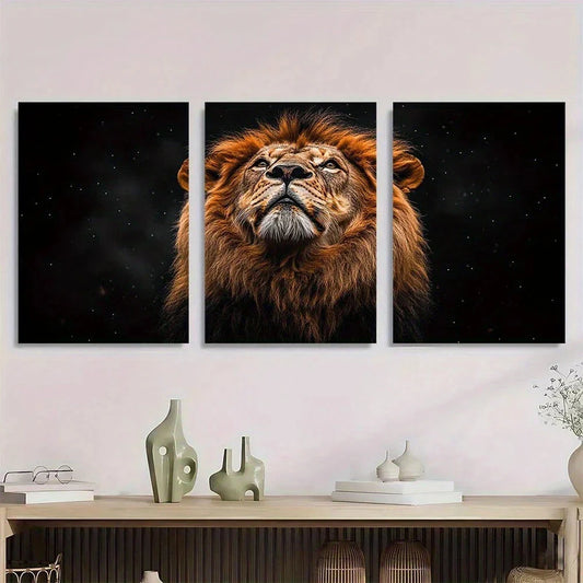 3pcs African Lion Starry Night Sky Black & White Metal Print Ready to Hang Art