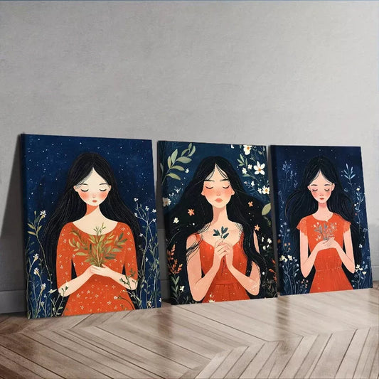 3pcs Flower Girl Prints Nature Flowers Wall Art Set Canvas Framed 40x60cm - High Quality Print 100% Australian Made Wall Canvas Ready to Hang