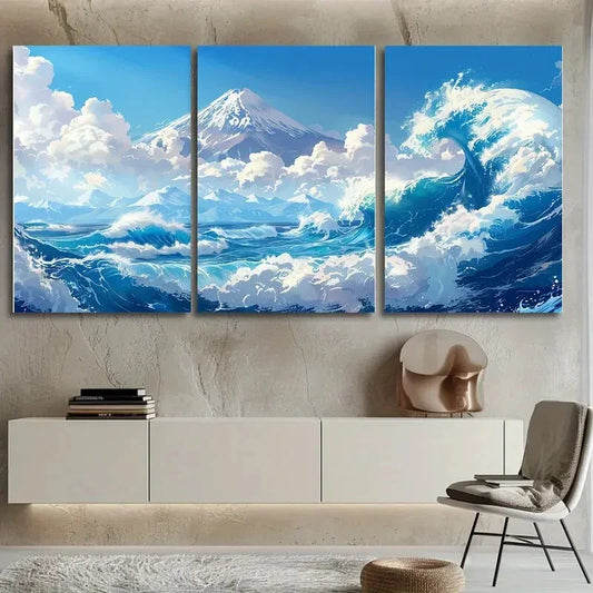 3pcs Sea Waves White Clouds Blue Sky Mountain Metal Print Ready to Hang Art