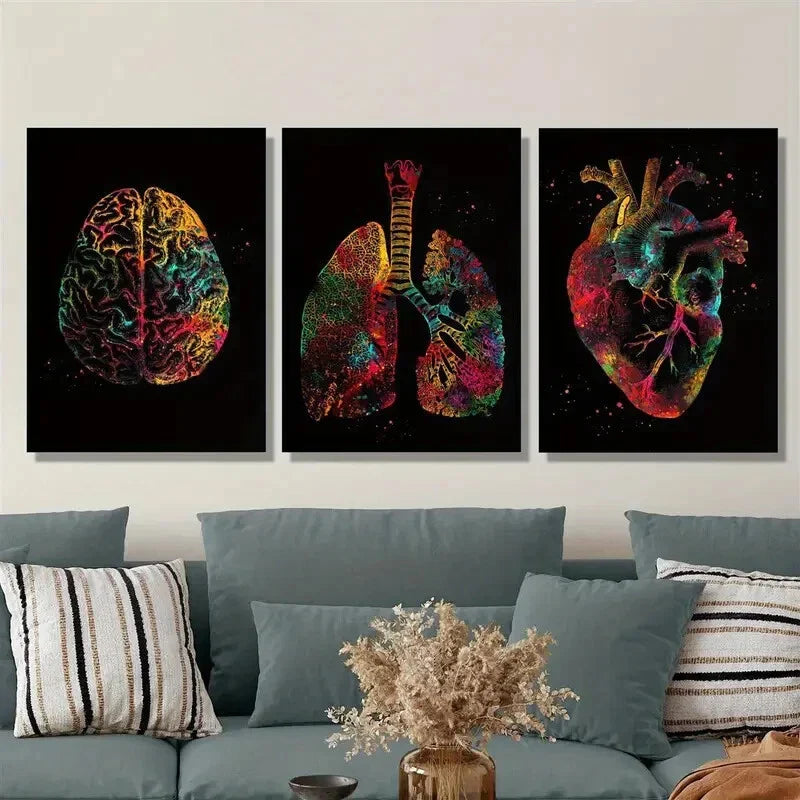 3pcs Brain, lungs and heart, abstract color Metal Print Ready to Hang Art