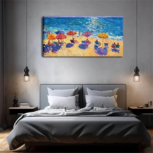 Depicting A Lively Beach Scene Wall Art Canvas Office Home Room Framed 80x45cm