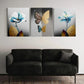 3pcs Blue Golden Flowers luxury Butterfly Metal Print Ready to Hang Art