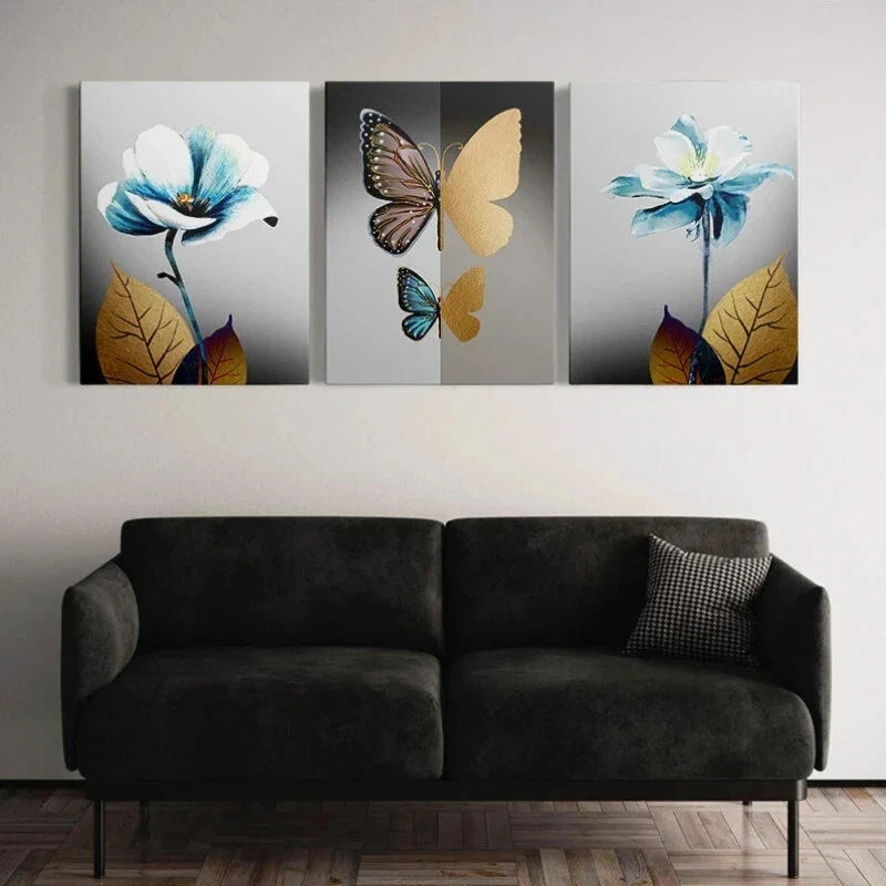 3pcs Blue Golden Flowers luxury Butterfly Metal Print Ready to Hang Art