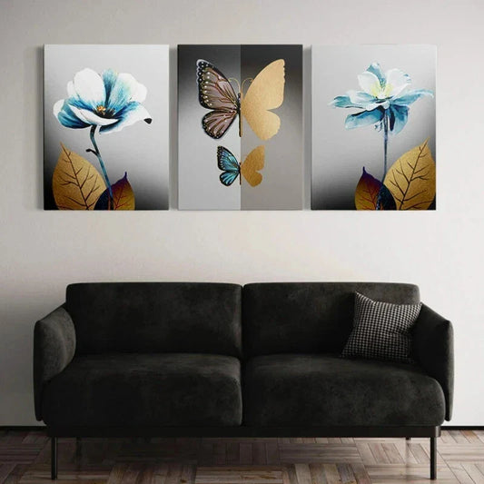 3pcs Blue Golden Flowers luxury Butterfly Metal Print Ready to Hang Art