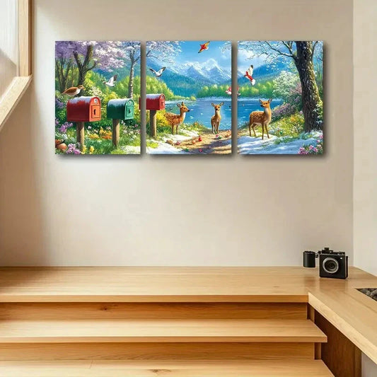 3pcs Springtime Nature Scene with Deer & Birds Metal Print Ready to Hang Art