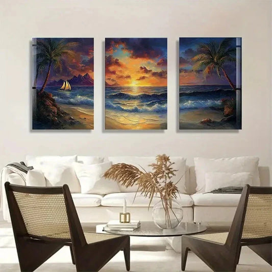 3pcs Sunset Sailing Boat Vibrant Sky Perfect Wall Art Set Canvas Framed 40x60cm - High Quality Print 100% Australian Made Wall Canvas Ready to Hang