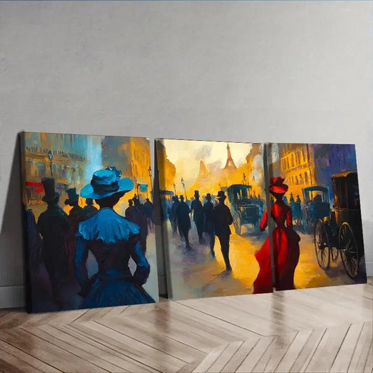 3pcs People in the Market Wall Art Set Canvas Framed 40x60cm - High Quality Print 100% Australian Made Wall Canvas Ready to Hang