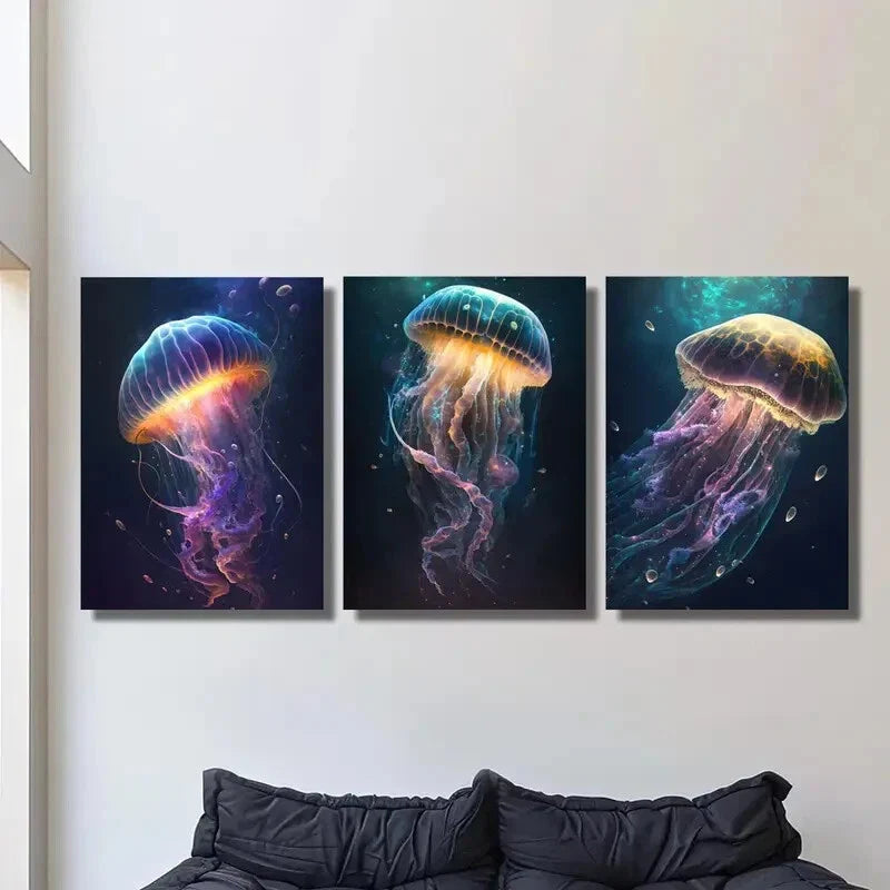3pcs Vibrant Deep Space Sea Life Glowing Metal Print Ready to Hang Art