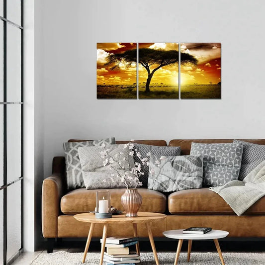 3pcs African Animals Sunset Yellow Metal Print Ready to Hang Art