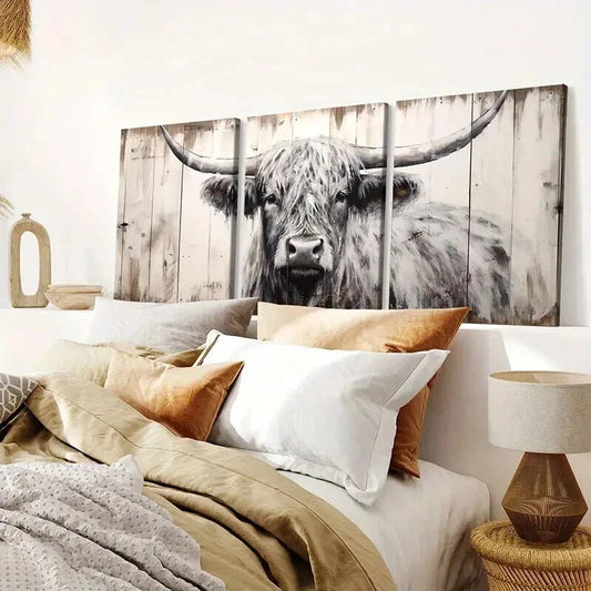 3pcs Vintage Farmhouse Highland Cattle Wall Art Set Canvas Framed 40x60cm - High Quality Print 100% Australian Made Wall Canvas Ready to Hang
