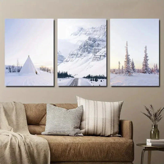 3pcs White Tepee Tent Covered Snow Hills Metal Print Ready to Hang Art