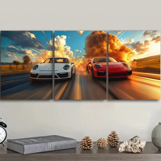 3pcs Red & White Sports Cars Racing Metal Print Ready to Hang Art