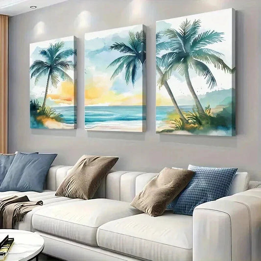 3pcs Tropical Palm Trees and Beach Decor Wall Art Set Canvas Framed 40x60cm - High Quality Print 100% Australian Made Wall Canvas Ready to Hang