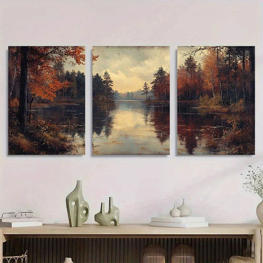 3pcs Vintage River Forest Autumn Trees Metal Print Ready to Hang Art