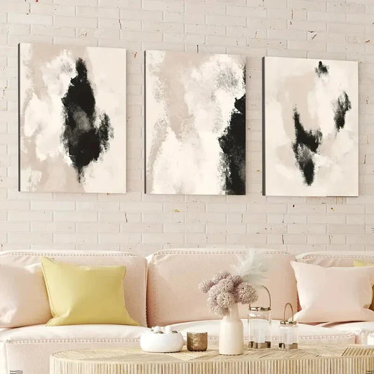 3pcs Abstract Black Neutral Beige Geometric Wall Art Set Canvas Framed 40x60cm - High Quality Print 100% Australian Made Wall Canvas Ready to Hang