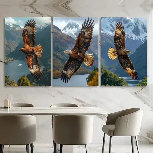 3pcs Mountain Green Trees Flying Eagle Metal Print Ready to Hang Art