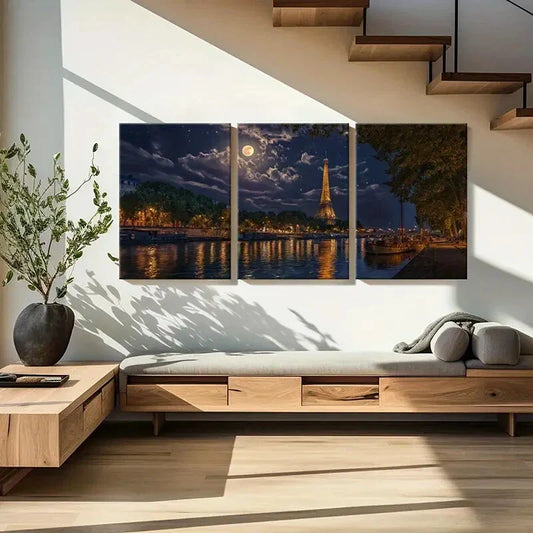 3pcs Eiffel Tower Paris Night Moonlit Sky Metal Print Ready to Hang Art