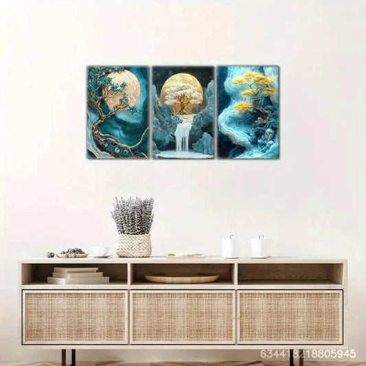 3pcs Golden Tree and Moon, Golden Moon Metal Print Ready to Hang Art