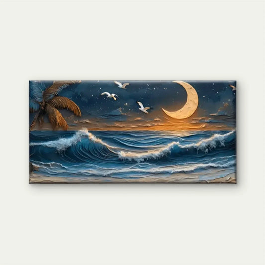 Beach Scene Moon Palm Wall Art Canvas Office Home Room Framed 80x45cm