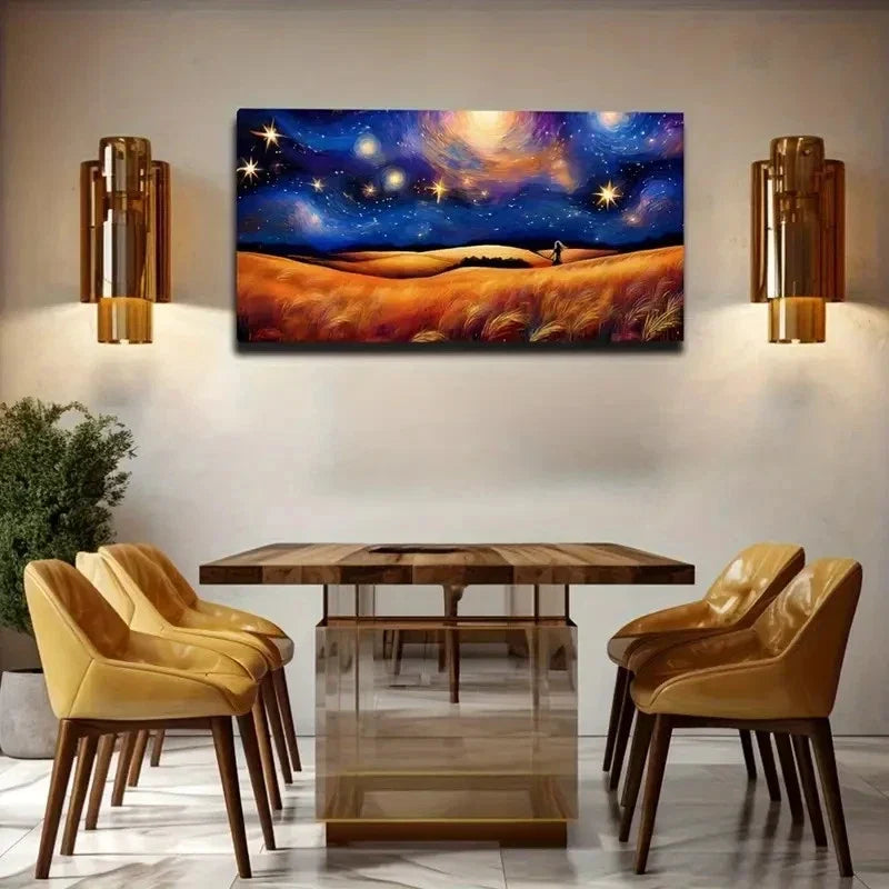 Starry Night Sky & Yellow Wall Art Canvas Office Home Room Framed 120x60cm
