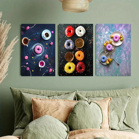 3pcs Vibrant Space & Donut Metal Print Ready to Hang Art
