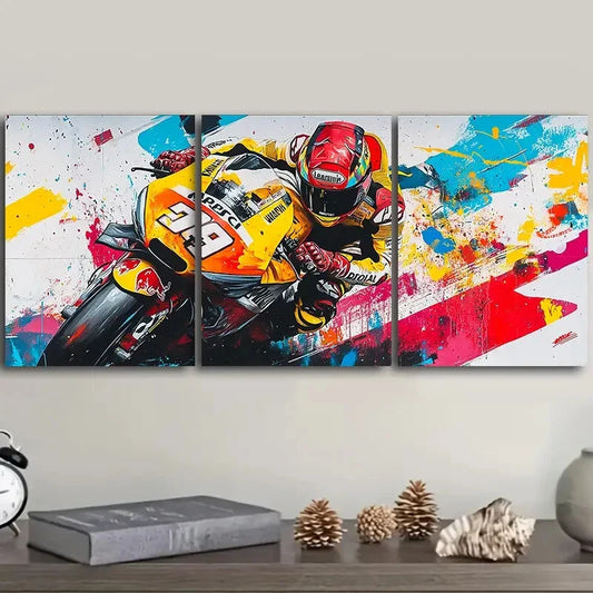 3pcs Superbike Rider Vibrant Orange Yellow Scene Metal Print Ready to Hang Art