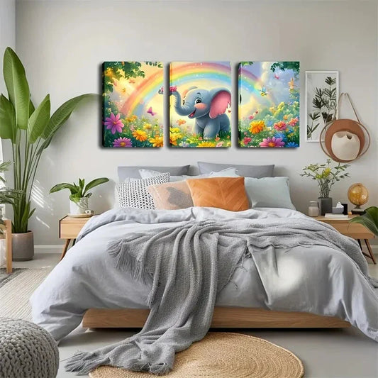 3pcsBaby Elephant and Floral Cartoon Design Wall Art Set Canvas Framed 40x60cm - High Quality Print 100% Australian Made Wall Canvas Ready to Hang