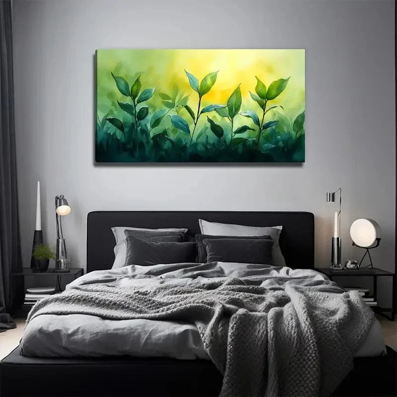 Vibrant Leaf Green & Yellow Wall Art Canvas Office Home Room Framed 80x45cm