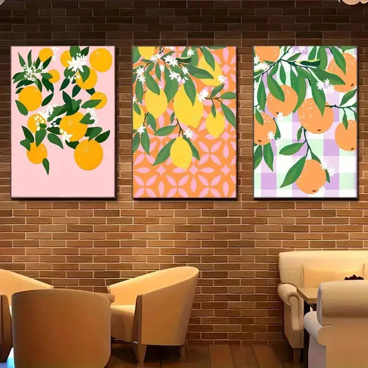 3pcs Lemon & Floral Bohemian Style Botanical Art Metal Print Ready to Hang Art