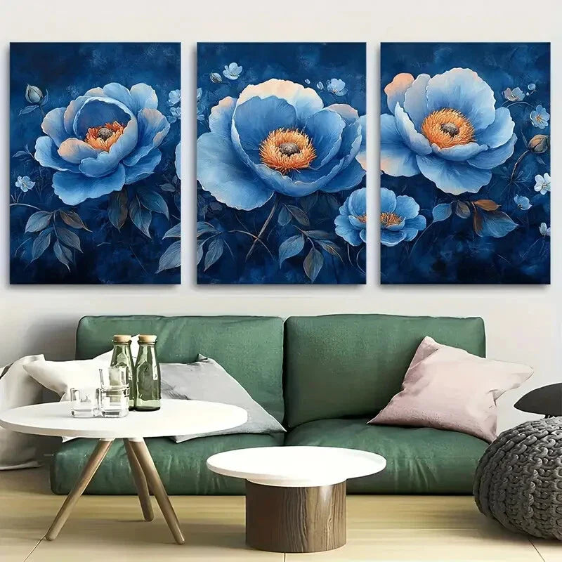 3pcs Elegant Sapphire Blue Peony Metal Print Ready to Hang Art