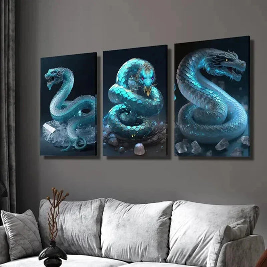 3pcs Blue Snake Decor with Crystal Accents Wall Art Set Canvas Framed 40x60cm - High Quality Print 100% Australian Made Wall Canvas Ready to Hang