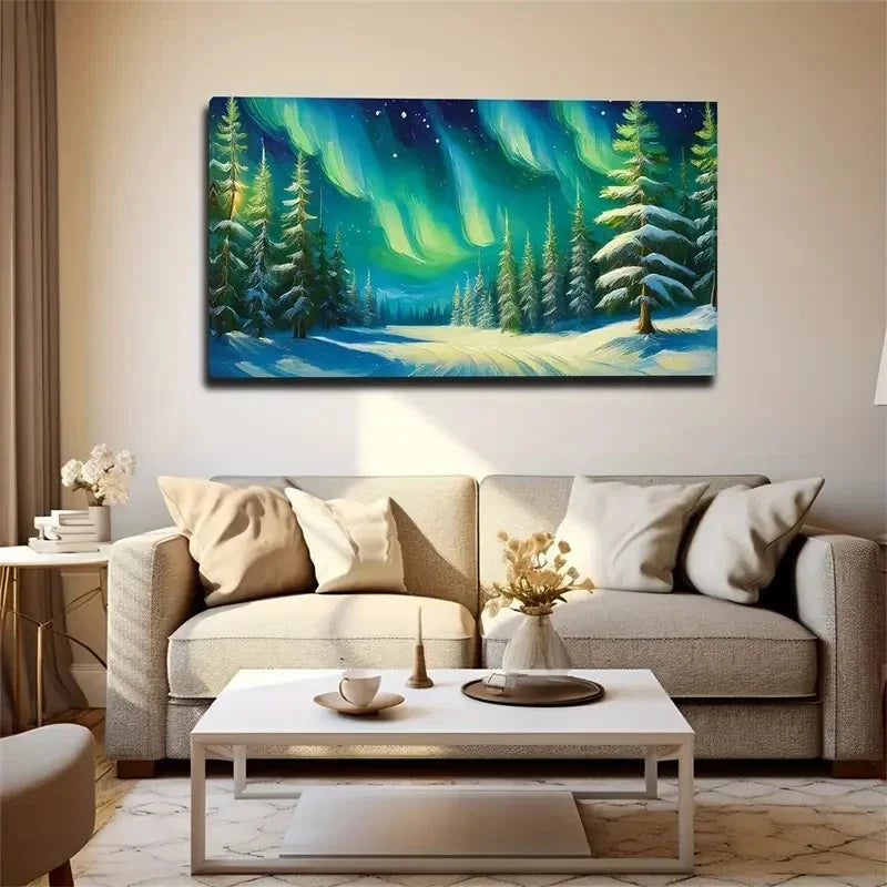 Vibrant Aurora Snowy Forest Wall Art Canvas Office Home Room Framed 120x60cm