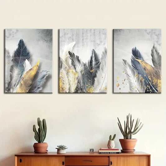 3pcs Modern Luxury Feather Canvas Art Prints Metal Print Ready to Hang Art