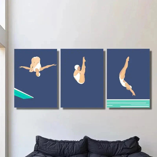3pcs Swimming Art, Springboard Diving Metal Print Ready to Hang Art