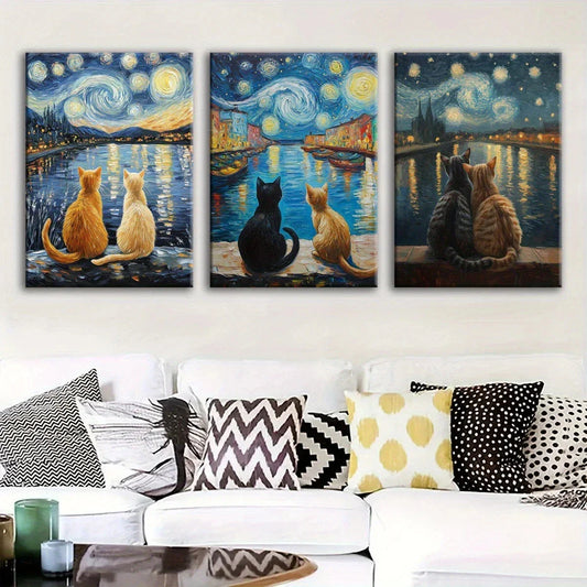 3pcs Modern Fantasy Two Cats Starry Night Moon Metal Print Ready to Hang Art