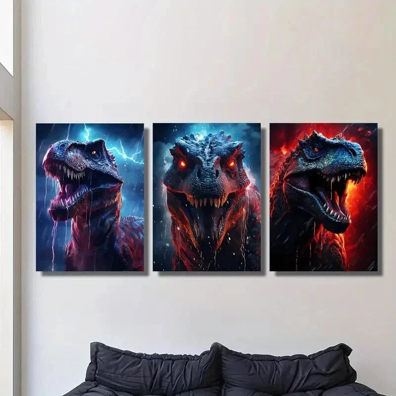3pcs illustration, ferocious dinosaur, Metal Print Ready to Hang Art
