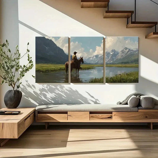 3pcs Western Cowboy Riding Horse Mountain LandscapeMetal Print Ready to Hang Art