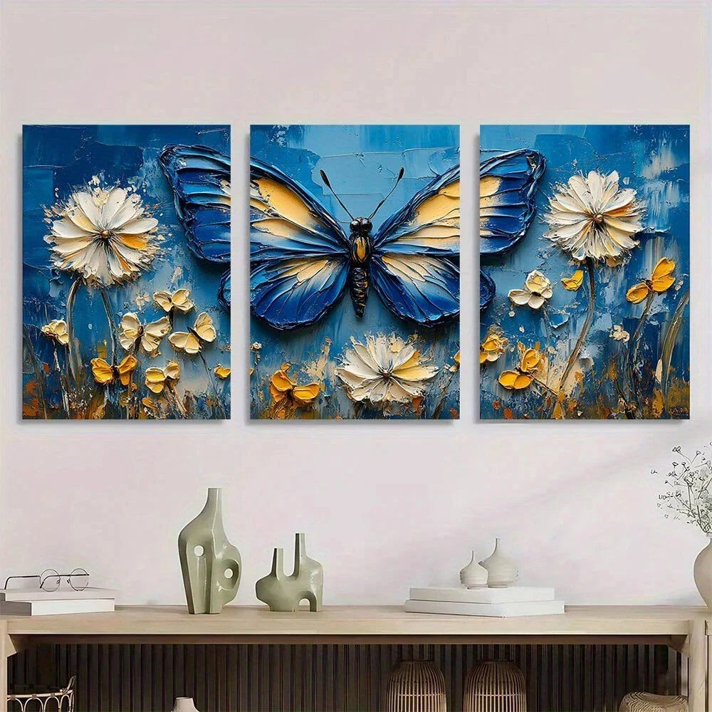 3pcs Blue Butterflies & Dandelion Flowers Metal Print Ready to Hang Art